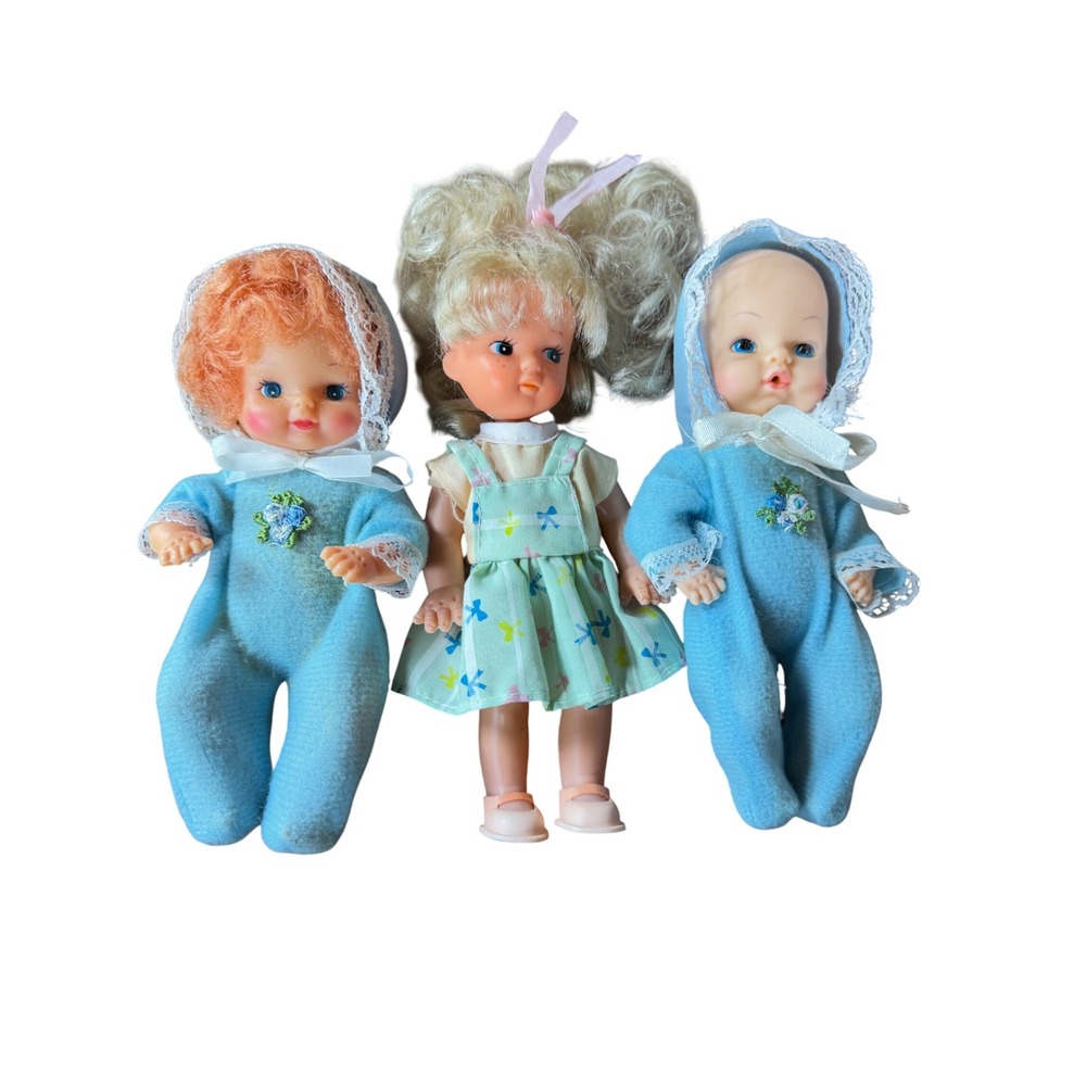 Vintage Small Doll‎ Lot 2 Blue Baby Sleepers 1 Blonde Girl Butterfly Dress 3pc